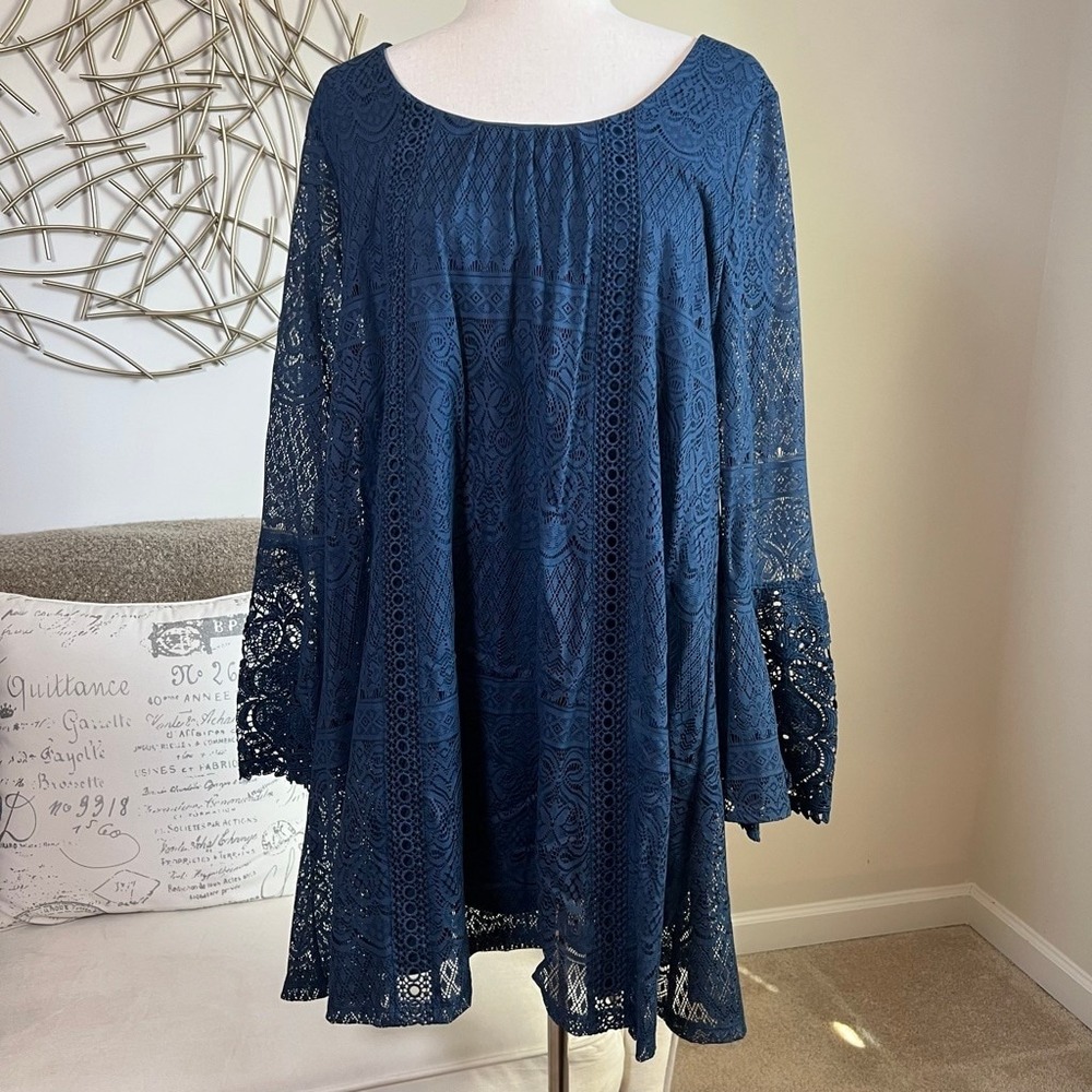 Blue Lace Bell Sleeve Mini Dress Boho Romantic Festival Whimsigoth Cottage